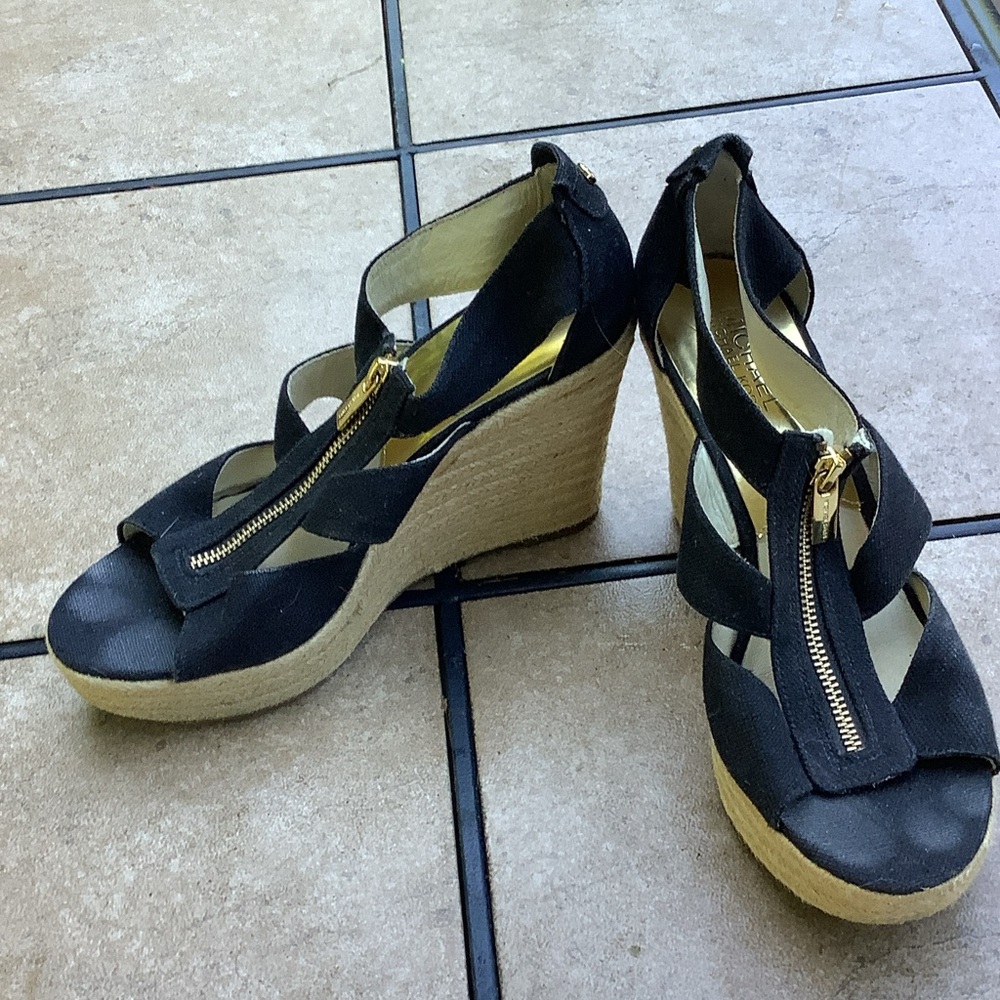 Michael Kors Black Espadrille Wedge Sandals with Gold Zip